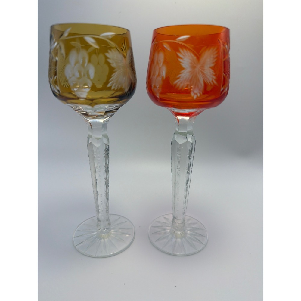 Vintage Cut to Clear Cordial Sherry Glasses Amber Orange Etched Grape Set of 2